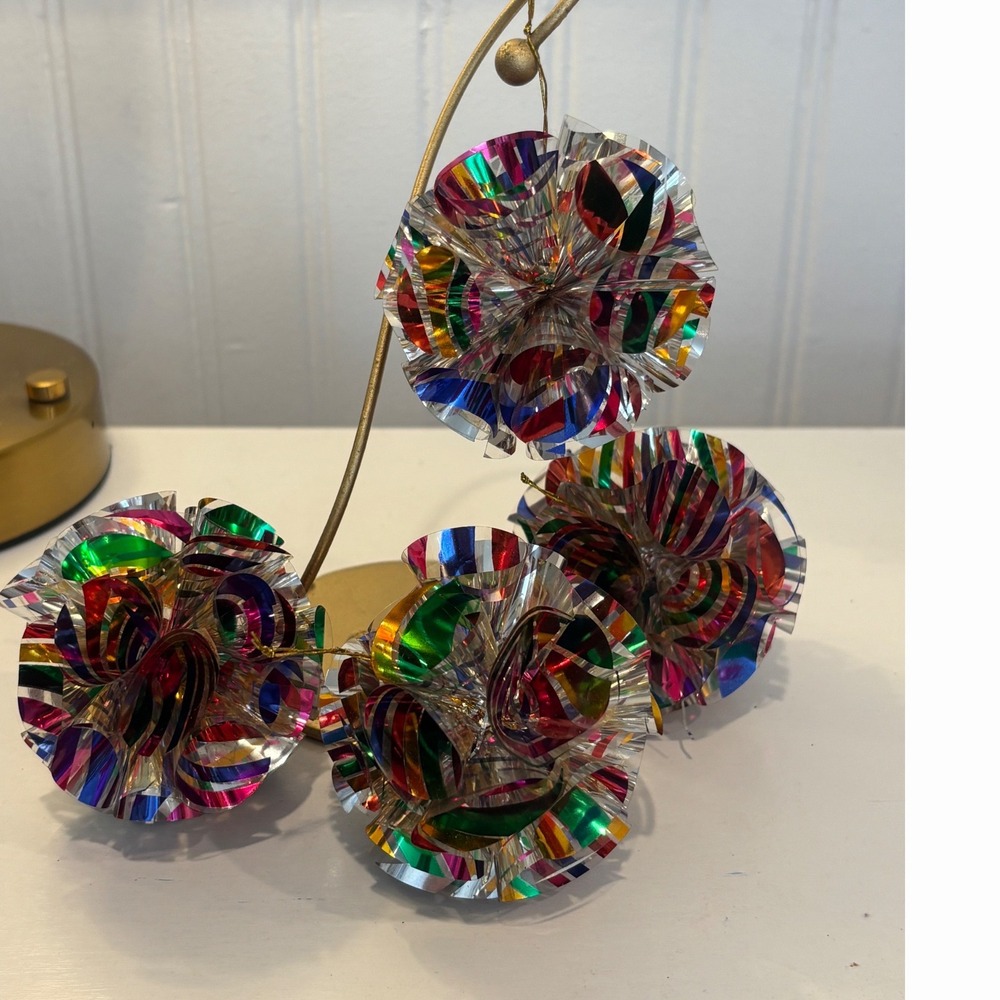 Vintage MCM Multi Color Foil Tinsel Pom Pom Ornaments Striped Retro Christmas 4l